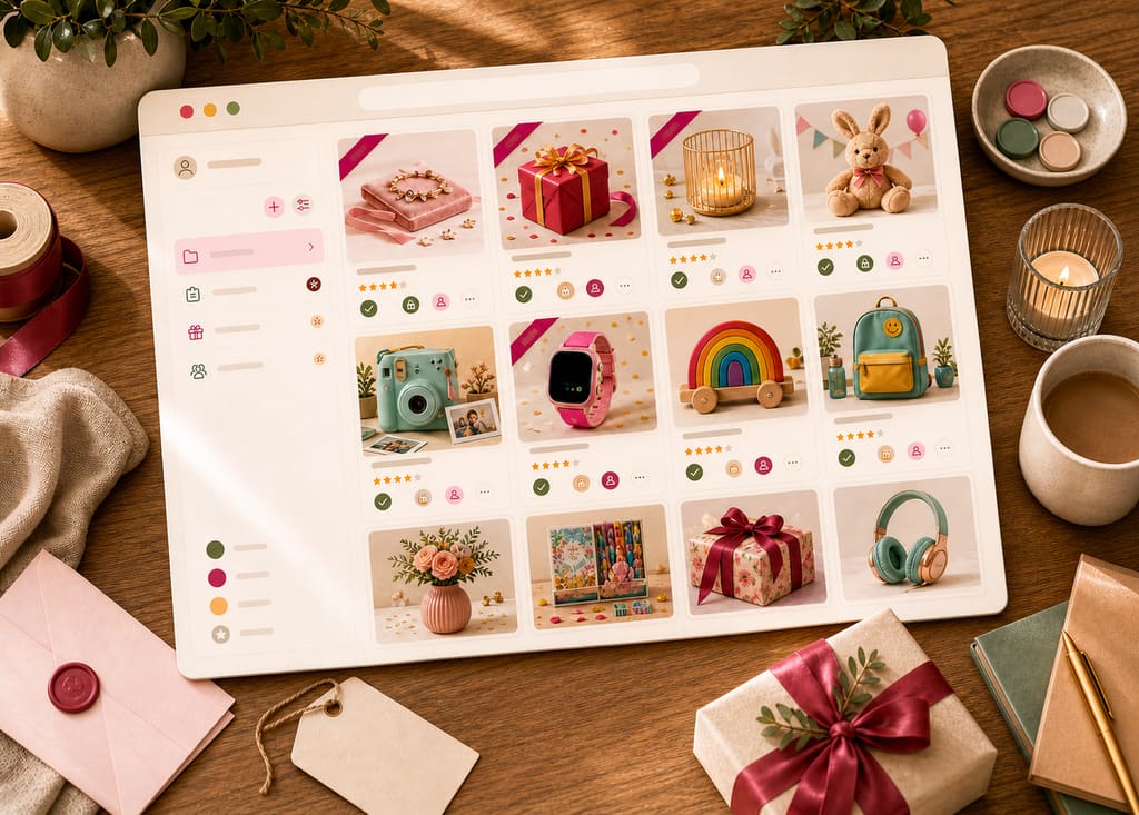 Nifty Gifts wish list preview with folders, gift ideas, ratings, and reservation status
