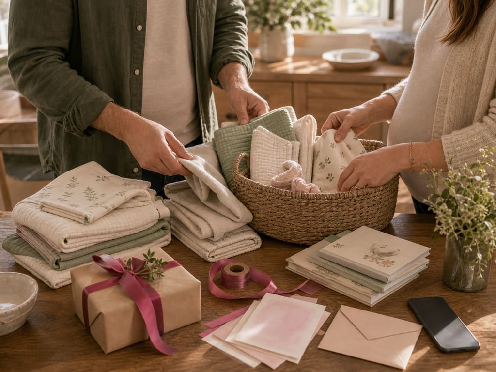 Expectant parents organizing baby shower gift ideas at a sunlit kitchen table