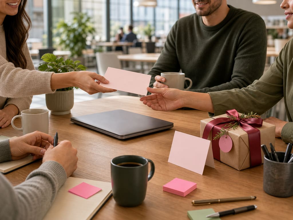 Colleagues planning a group gift together at a desk